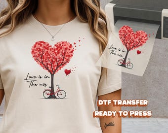 Heart Tree DTF Transfer Ready to Press Red Bicycle Valentine Romantic Heat Iron On Decal Day Gift for Couples Aesthetic DIY Apparel Art Bike