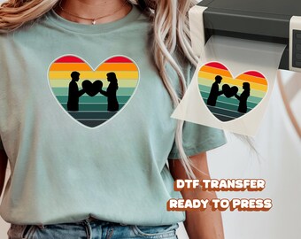 Retro Rainbow Heart Couple DTF Transfer Matching Valentine Love Silhouette Design Ready to Press for T Shirt Hoodie Sweatshirt Couple Set