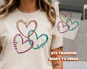 Faith Hope Love Heart DTF Transfer Retro Brush Style Valentine Christian Inspirational Design Ready to Press for T Shirt Hoodie Sweatshirt