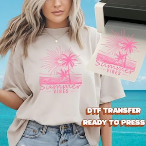 Summer Vibes DTF Transfer | Retro Palm Trees & Sunset Beach Design | Ready to Press Heat Transfer | Tropical Shirt Gift for Summer
