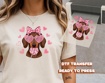 Dachshund Dog DTF Transfer Ready to Press Pink Valentine Heart Sunglasses Lollipop Heat Iron On Decal Day Gift for Mom DIY Apparel Shirt Art