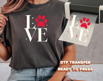 Cute Love Paw Print DTF Transfer Ready to Press, Dog Mom Pet Lover Gift Design, Full Color Heat Press Transfer