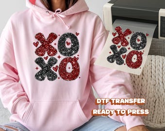 XOXO DTF Transfer Ready to Press Glitter Red Black Heart Bold Valentine Heat Iron On Decal Hugs and Kisses Day Gift for Her DIY Apparel Art