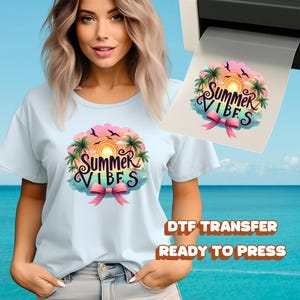 Summer Vibes DTF Transfer – Sunset Beach with Palm Trees, Flying Birds & Ribbon, Ready to Press Tropical Heat Transfer for T-Shirts