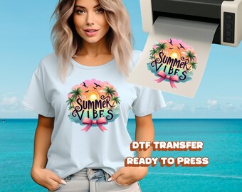 Summer Vibes DTF Transfer – Sunset Beach with Palm Trees, Flying Birds & Ribbon, Ready to Press Tropical Heat Transfer for T-Shirts