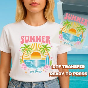 Retro Summer Vibes Shirt DTF Transfer Ready to Press Palm Tree Sunset Surfboard Ocean Wave Beach Vacation Tropical Flowers Heat Press Design