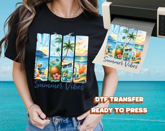 Summer Vibes DTF Transfer Tropical Beach Scene with Coconut Palm Trees Sunset Drink Sunglasses Ready to Press Heat Transfer Vacation Shirt