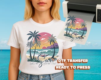 Tropical Palm Tree Sunset Summer DTF Transfer – Soulful Beach Scene, Ready to Press Heat Transfer for T-Shirts
