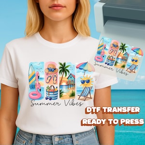 Summer Vibes Heat Transfer Retro Beach Sunset Palm Tree Surfboard Flamingo Umbrella Camera Glasses Ready to Press DTF for T Shirts