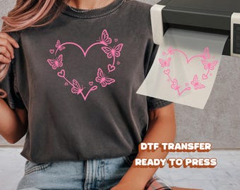 Butterfly Heart DTF Transfer Ready to Press Pink Valentine Romantic Heat Iron On Decals Day Gift for Her Aesthetic DIY Clothing Apparel Art