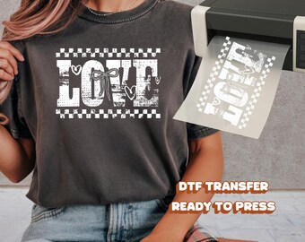 Love DTF Transfer Black White Checker Heart Bow Retro Grunge Valentine Day Design Ready to Press for T Shirt Hoodie Sweatshirt Gift
