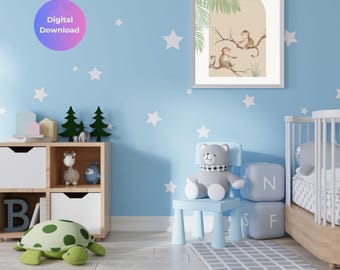 Barnrumstavla med babyapor | Beige väggkonst med safaridjur (digital nedladdning)