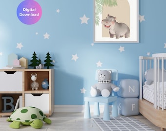 Baby Hippo Nursery Print | Beige Safari Animal Artwork (Digital Download)