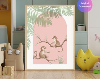 Barnrumstavla med apa | Rosa djungelsafari-väggkonst (digital nedladdning)