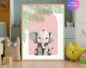 Baby Elephant Nursery Print | Pink Jungle Safari Decor (Digital Download)