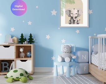 Baby Elephant Nursery Art Print | Beige Safari Jungle Decor (Digital Download)
