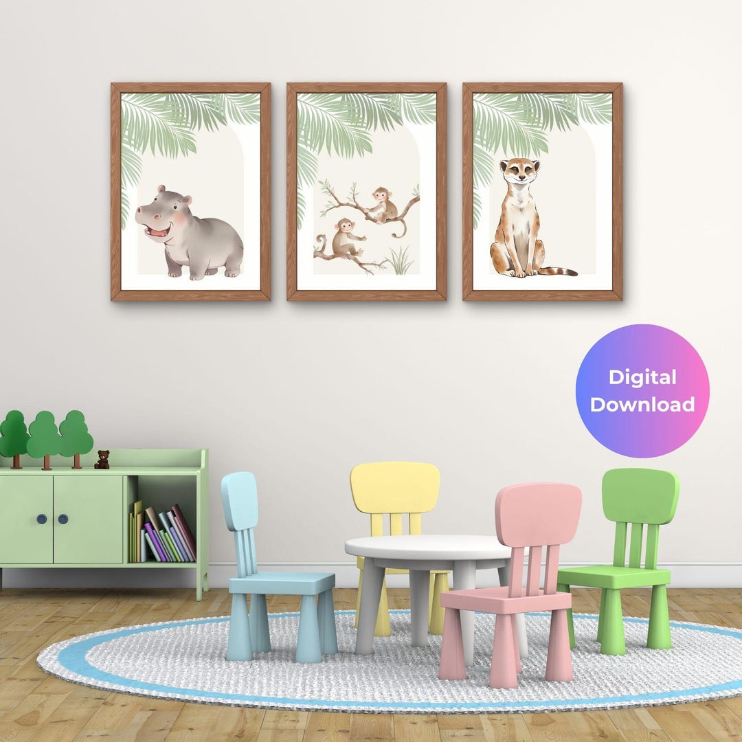 Set of 3 Safari Prints | Safari Animal Prints Set Warm Yellow | Hippo ...