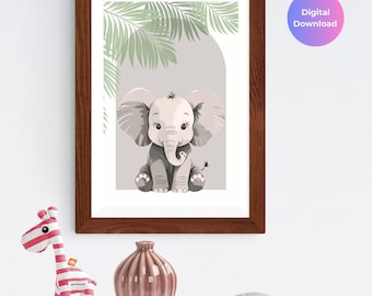 Baby Elephant Nursery Art Print | Grey Safari Jungle Decor (Digital Download)
