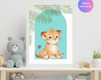 Baby Lion Cub Art Print | Teal Safari Nursery Decor (Digital Download)