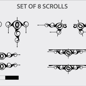 May include: A set of 8 black scrolls with decorative, swirling patterns. The image shows different scroll designs, with the text "SET OF 8 SCROLLS" above. A 100mm scale bar is at the bottom.