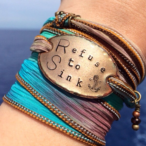 Silk wrap bracelet, Refuse to Sink, nautical jewelry, anchor, wrap bracelet, encouraging gift, strength, best friend gift