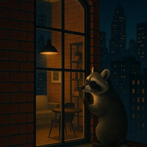 以下が含まれることがあります： 夜に窓から外を眺めるアライグマのイラスト。窓はレンガの壁にあり、居心地の良いインテリアと街並みが見えます。アライグマは窓枠に止まり、街を眺めています。