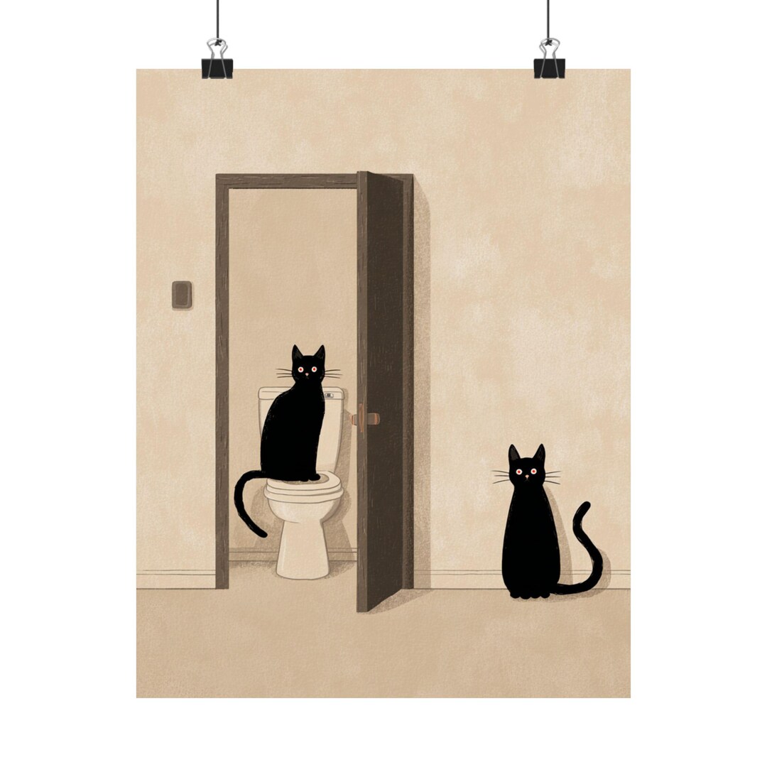 Funny Black Cat Blocking the Toilet Poster Quirky Bathroom Wall Art Two ...