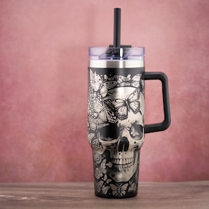 Laser Engraved Skulls and Butterflies Tumbler – 40oz Insulated Cup