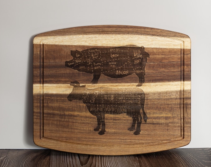 Butcher Diagram Cutting Board: Acacia Wood - Pig and Cow Engraved