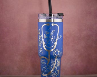 Floral Nurse Tumbler: 40oz Stainless Steel with Handle and Straw Lid