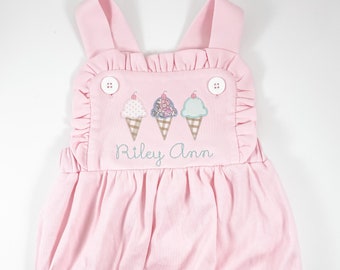 Personalized Baby and Toddler Girl's Pink Ruffled Sunsuit with Ice Cream Cones Applique