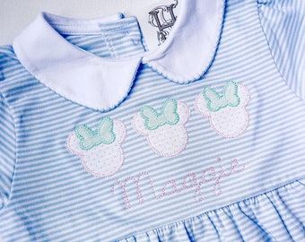 Personalized/Girl's Knit Blue Stripe Flutter Sleeve Dress with White Collar/Girl Mouse Applique