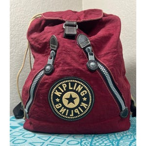 Kipling Vintage Nylon Drawstring Backpack Maroon Burgundy Red 90s Y2K Rucksack