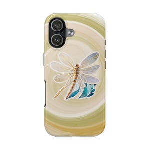 Tough Phone Case Sage Green Aesthetic hand-painted style dragonfly design.