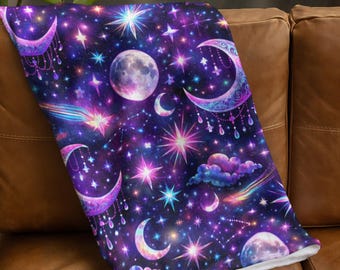 Cosmic Moon Phase Blanket, Galaxy Night Sky Plush Throw, Astrology Moon Blanket, Witchy Home Decor Velveteen Blanket Gift