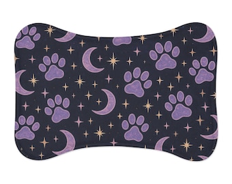 Tapis antidérapant pour gamelles pour chien, tapis de nourriture pour animaux de compagnie empreinte de pattes de lune céleste, tapis de nourriture imperméable pour chats, napperon facile à nettoyer pour animal de compagnie