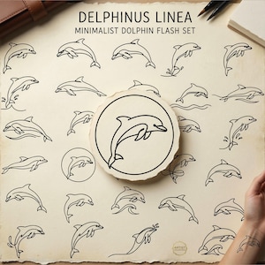May include: A collection of minimalist dolphin flash art designs in black ink. The designs include dolphins swimming, jumping, and in circular frames. The text "DELPHINUS LINEA MINIMALIST DOLPHIN FLASH SET" is at the top.