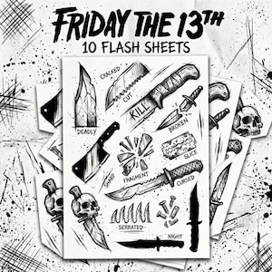 Puede incluir: Hojas de tatuaje en blanco y negro con varios diseños de cuchillos, calaveras y texto. Las hojas muestran las palabras "Friday the 13th" y "10 Flash Sheets", así como palabras como "Deadly" y "Cursed".