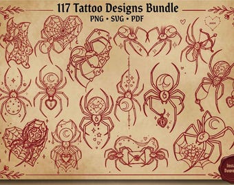 117 Spider Tattoo Designs Bundle SVG PNG PDF Gothic Love Flash Fine Line