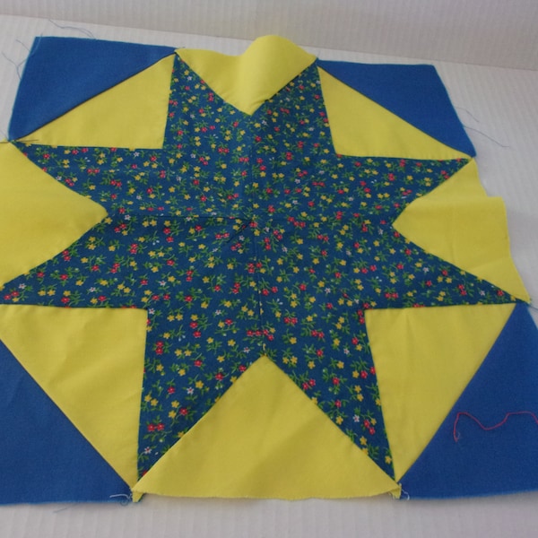 LeMoyne Star Quilt Blocks Three Vintage Quilt Blocks Yellow and Blue Red and Blue