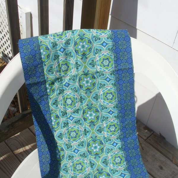 Blue & Green Quilted Table Runner Spring and Summer Hand Quilted Reversible Runner Navy and Green Table Runner Floral Topper