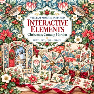 May include: A William Morris inspired interactive Christmas cottage garden craft kit featuring printed paper elements, including gift tags, envelopes, a circular wheel, and cards decorated with robins, poinsettias, holly, and floral patterns.