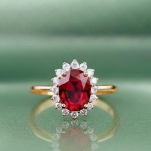Anello vintage ovale con rubino rosso, Halo Moissanite, anello nuziale in oro massiccio