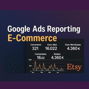 May include: A digital graphic with the text "Google Ads Reporting E-Commerce" in white and yellow. A dark panel displays data, including "Conversions" and "Conv-Wert," with an Etsy logo. A line graph shows data trends.