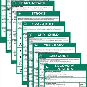 May include: A green and white first aid guide with instructions for CPR, heart attack, stroke, and choking. Includes diagrams and steps for adult, child, and baby CPR, and AED use.