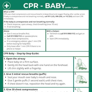 May include: A green and white infographic titled "CPR - BABY (under 1 year)" with step-by-step instructions for infant CPR. Includes illustrations and guidance on rescue breaths and chest compressions. The guide is for emergency situations.
