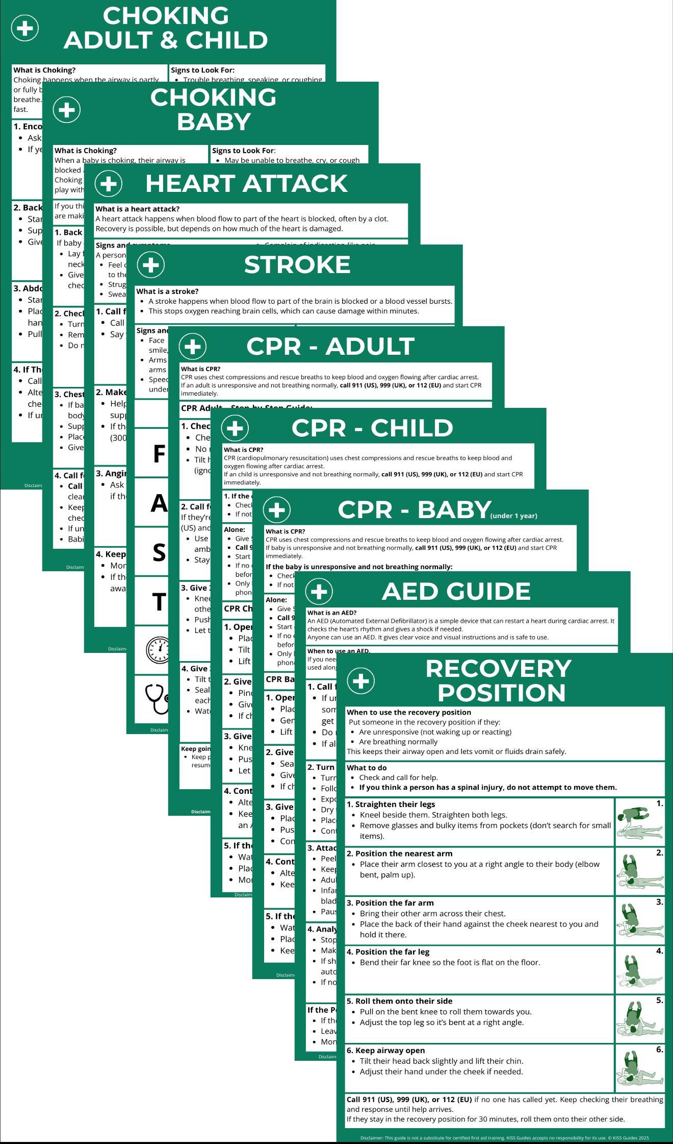 First Aid Guide Printable Charts: CPR, Choking, Stroke, AED