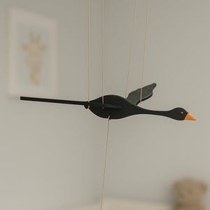 Black Swan Wooden Mobile – Handmade Flying Bird with Moving Wings | Elegant Nursery or Home Decor | Kinetic Baltic Art