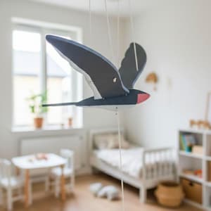 Handmade Wooden Swallow Mobile – Flying Bird Decor with Moving Wings