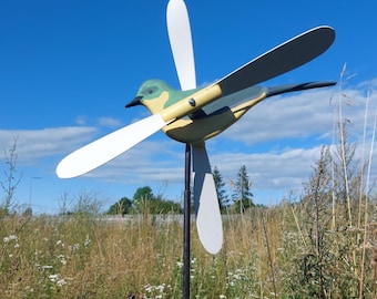 Handmade Wooden Yellow Wagtail Whirligig with Spinning Wings – Vibrant Garden Decor